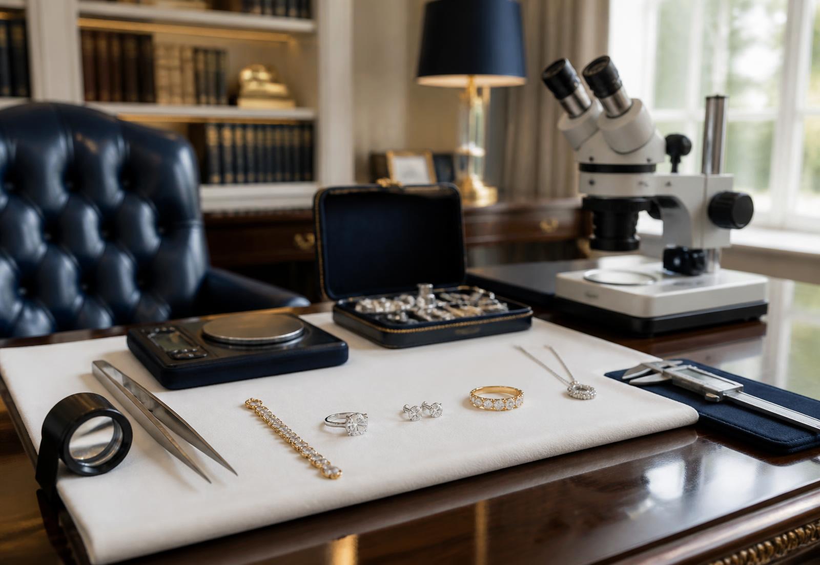 Portable gemological equipment and fine jewelry arranged on a desk during a private appraisal appointment